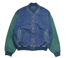 画像1: Deadstock Tri Mountain Denim Varsity Jacket #7700 Indigo/Green (1)