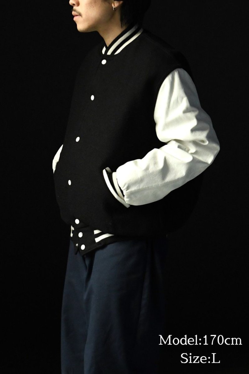 画像7: Used Holloway Melton/Leather Varsity Jacket Black/White made in USA (7)