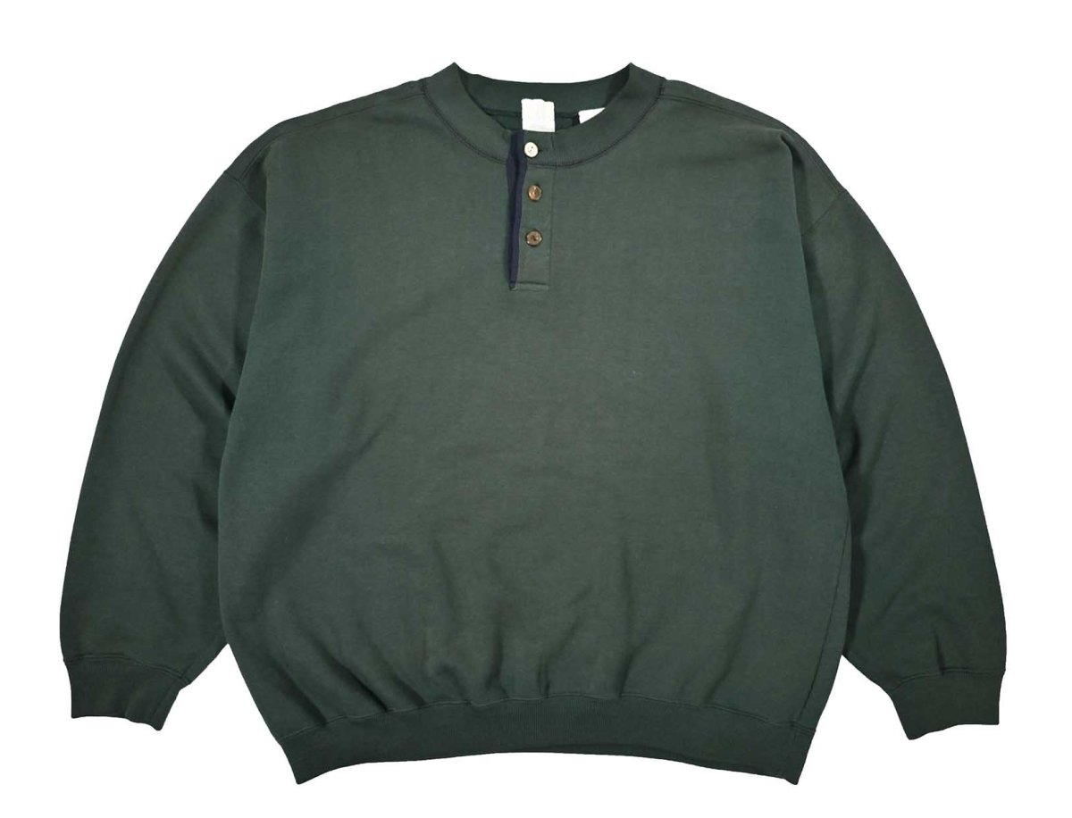 画像1: Used Gap Blank Henley Neck Sweat Shirt Green (1)