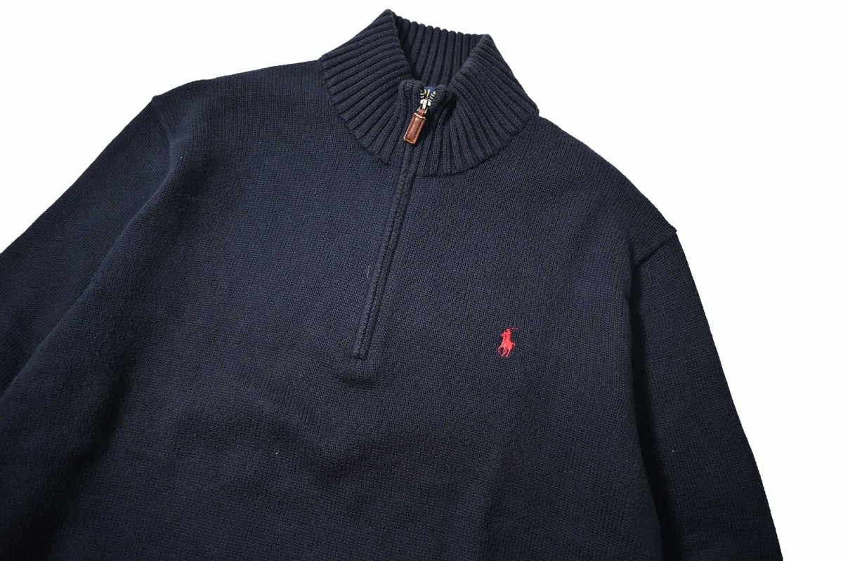 画像2: Used Polo Ralph Lauren Quarter Zip Cotton Knit Sweater Navy (2)