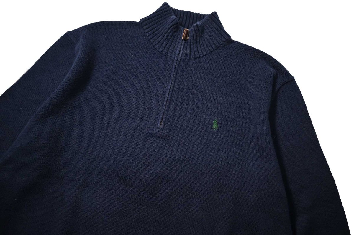 画像2: Used Polo Ralph Lauren Quarter Zip Cotton Knit Sweater Navy (2)