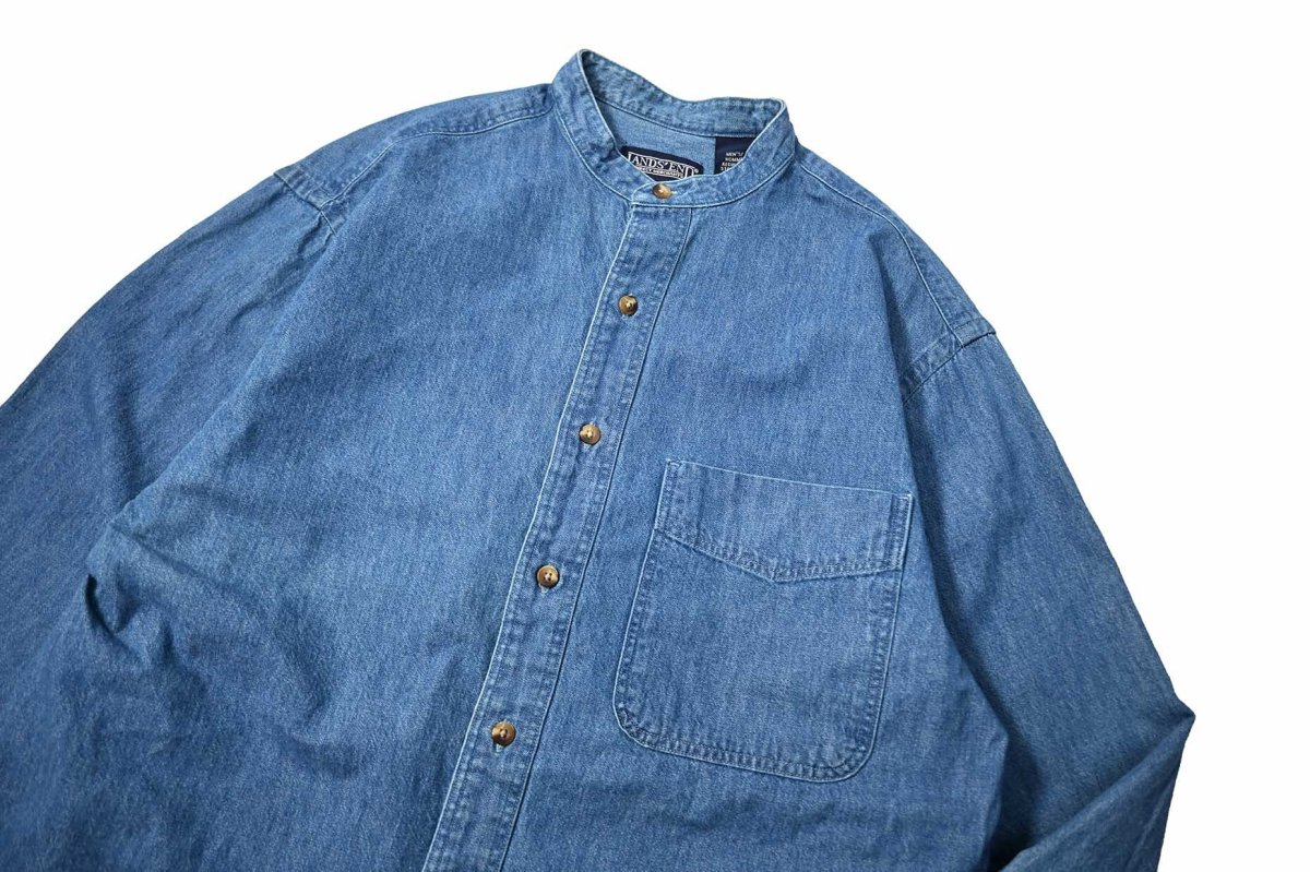 画像2: Used Lands' End Band Collar Denim Shirt (2)