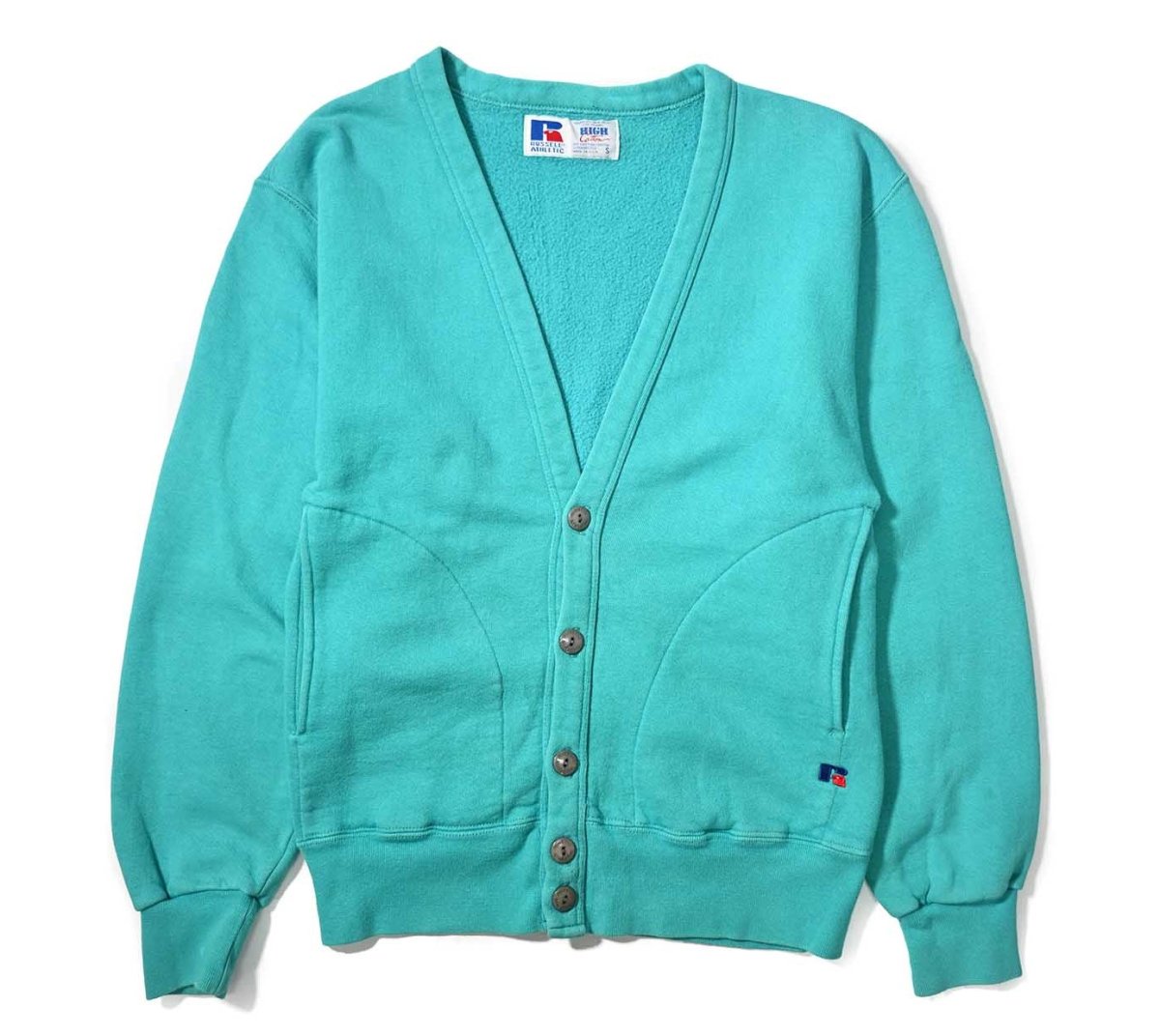 画像1: 90s Used Russell Athletic Blank Sweat Cardigan Turquoise made in USA (1)