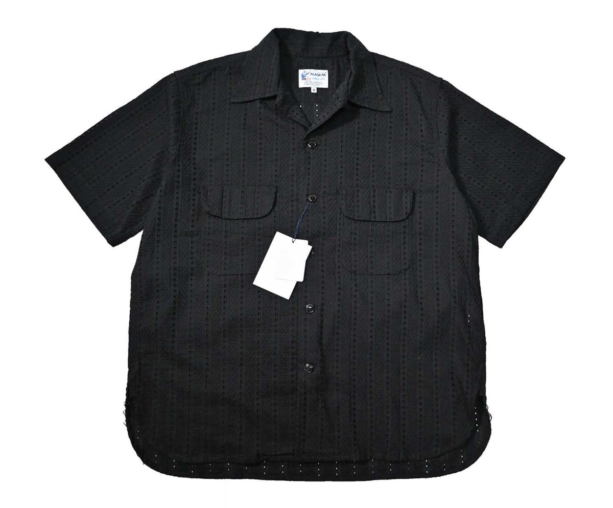 画像1: The Alaskan Hakoba Embroidery Open Collar Shirt Black (1)