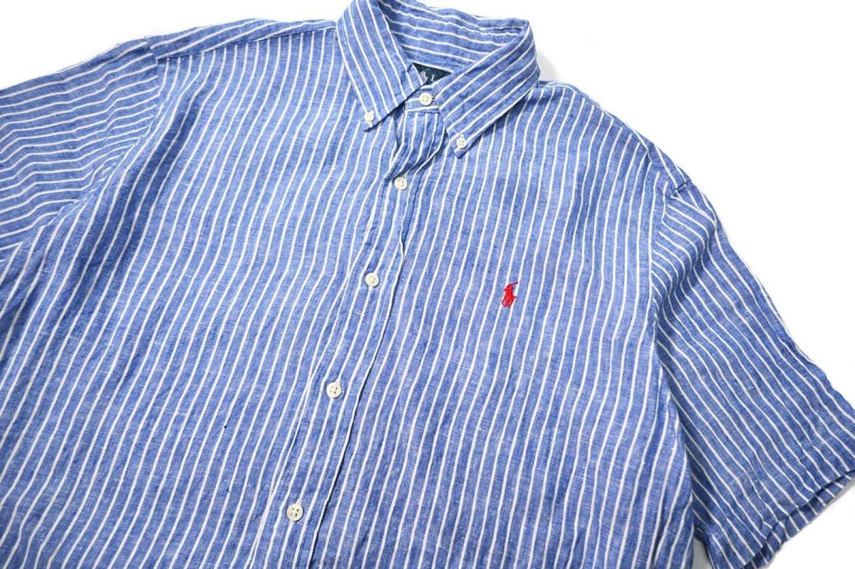 画像2: 90-00s Used Ralph Lauren Short Sleeve Linen Stripe B/D Shirt "Classic Fit" (2)