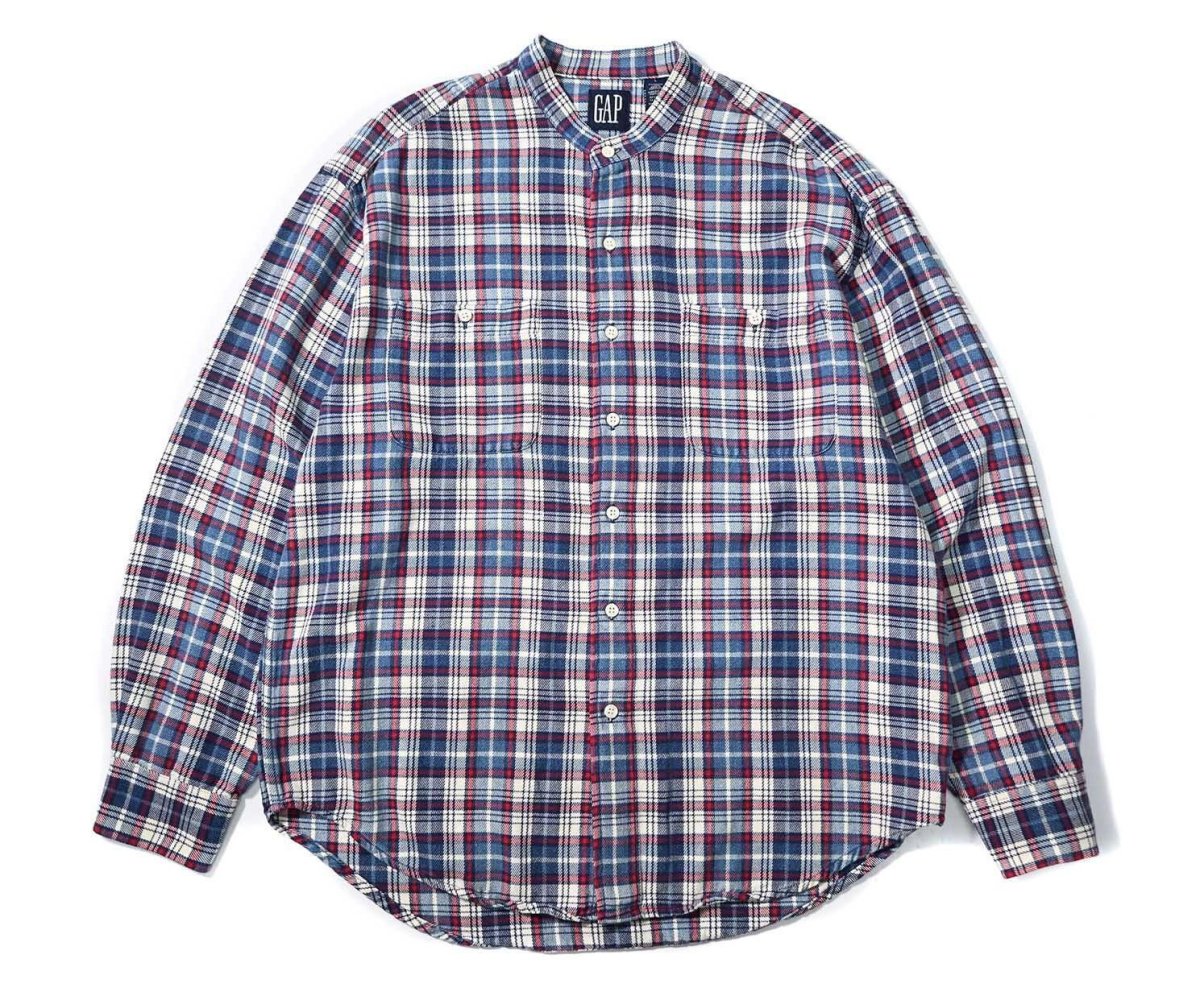 画像1: 90s Used Gap Band Collar Flannel Shirt (1)