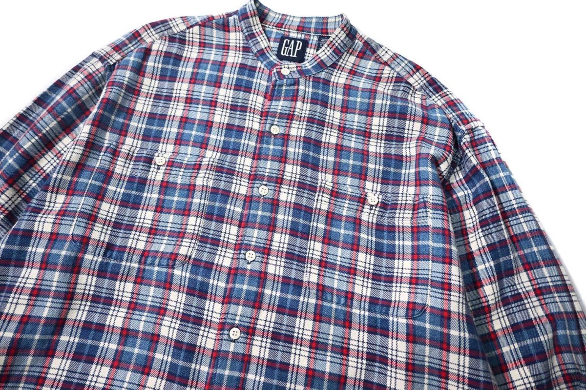 画像2: 90s Used Gap Band Collar Flannel Shirt (2)