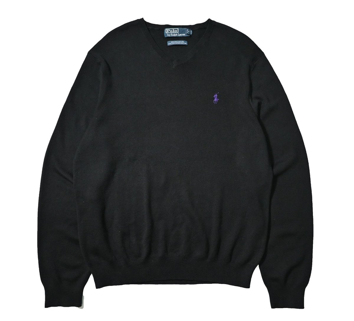 画像1: 90-00s Used Polo Ralph Lauren V-Neck High Gauge Cotton Knit Sweater Black (1)