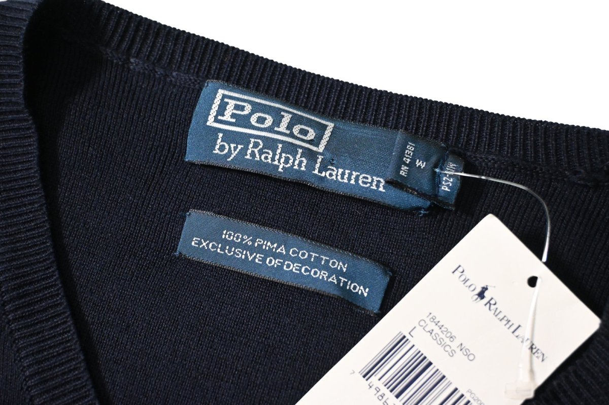 画像4: 90-00s Deadstock Polo Ralph Lauren V-Neck High Gauge Cotton Knit Sweater Navy (4)