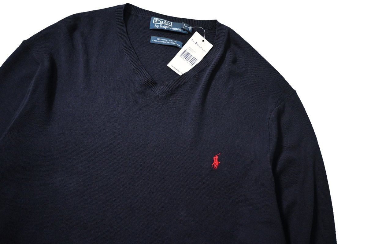 画像2: 90-00s Deadstock Polo Ralph Lauren V-Neck High Gauge Cotton Knit Sweater Navy (2)