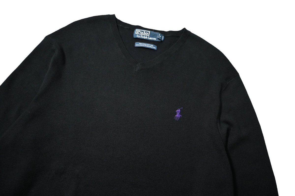 画像2: 90-00s Used Polo Ralph Lauren V-Neck High Gauge Cotton Knit Sweater Black (2)