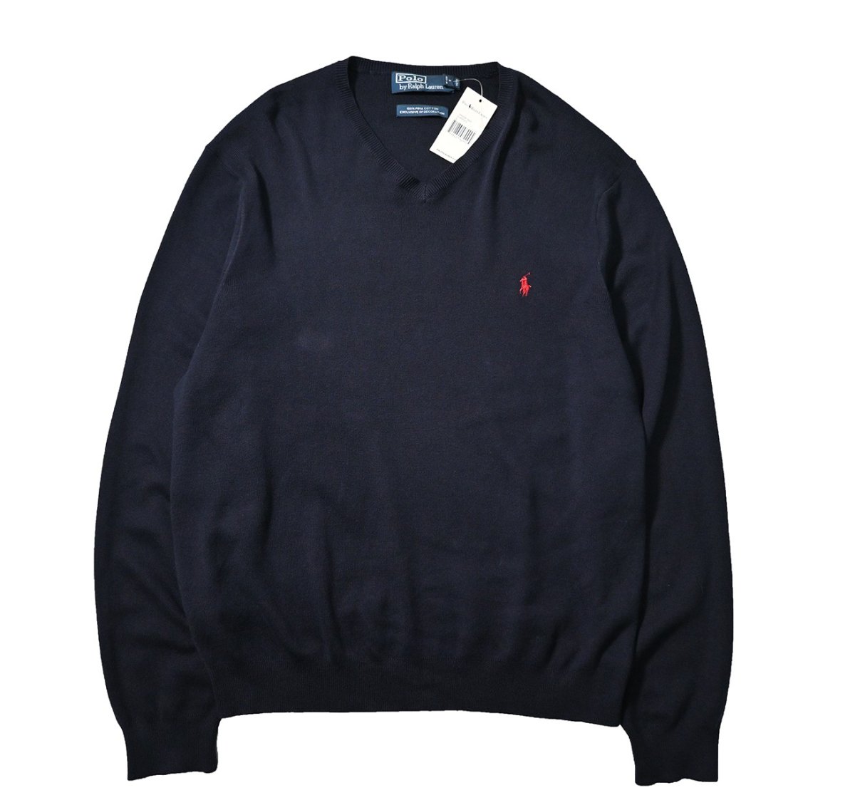 画像1: 90-00s Deadstock Polo Ralph Lauren V-Neck High Gauge Cotton Knit Sweater Navy (1)