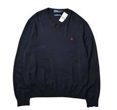 画像1: 90-00s Deadstock Polo Ralph Lauren V-Neck High Gauge Cotton Knit Sweater Navy (1)