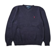 画像1: 90-00s Used Polo Ralph Lauren V-Neck Cotton Knit Sweater Navy (1)