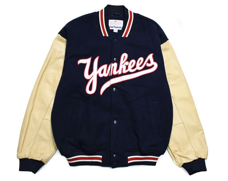 画像1: Used Majestic Melton/Leather Varsity Jacket Navy/Cream "New York Yankees" (1)